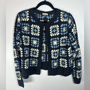 Capri Navy White Gray Granny Square Women's Sweater Size Large